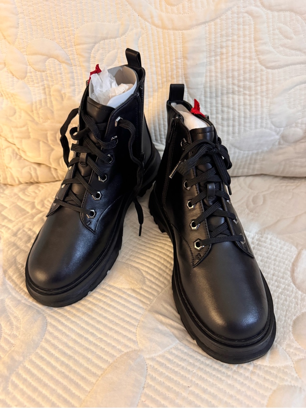 Linea Paolo Black Ankle Boots with Red Stripe - Women's Lace-Up Ankle Boots